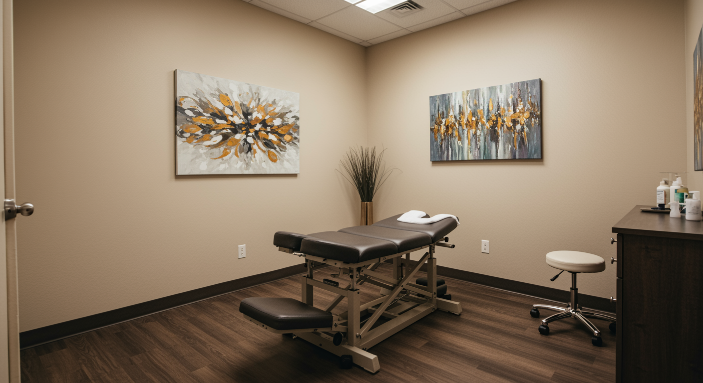 Pristine chiropractic treatment room featuring an ergonomic adjustment table, calm lighting, and modern decor for auto injury and whiplash care