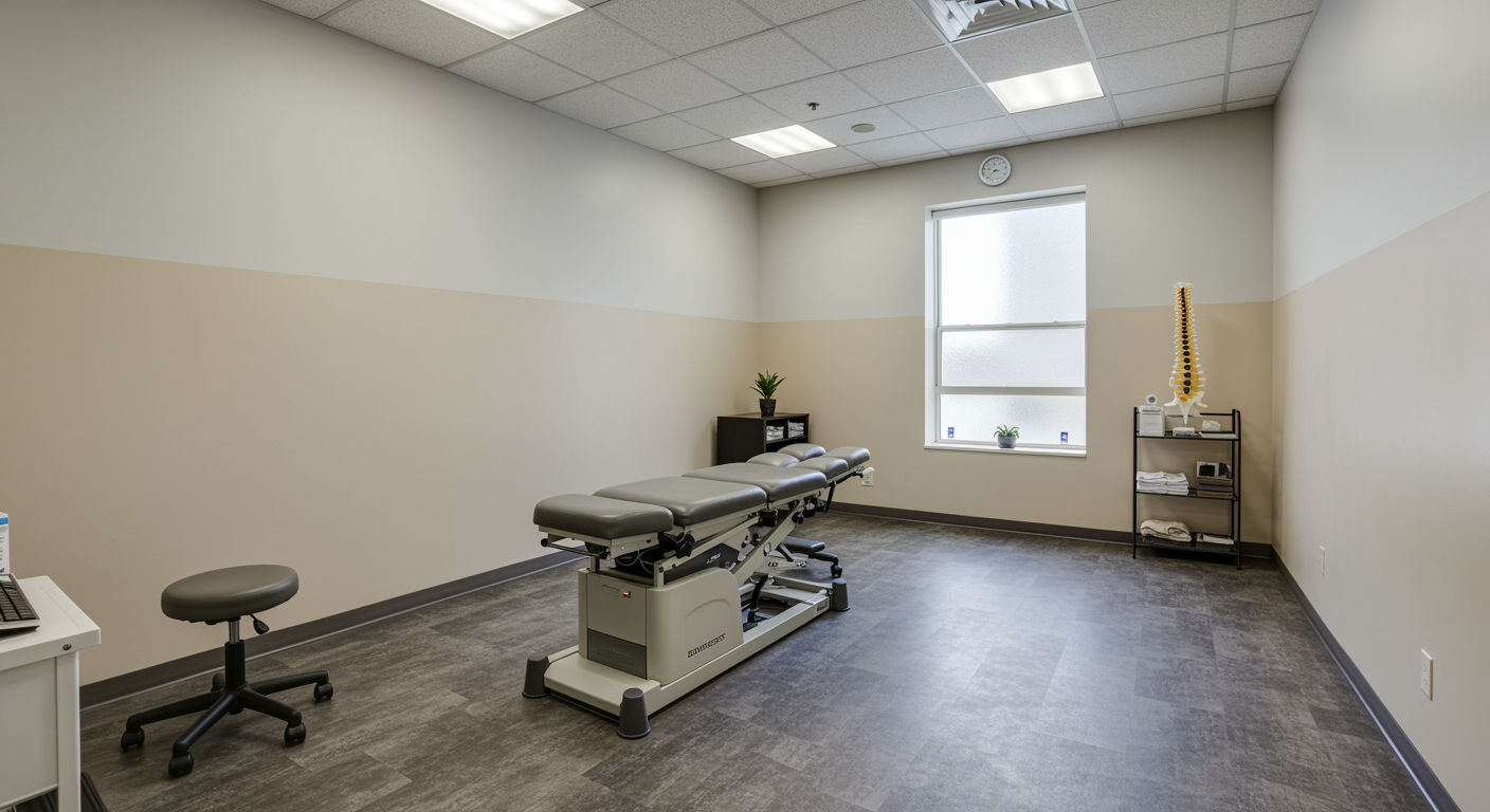 Chiropractic adjustment room with modern adjustment table and serene decor for back and spine alignment service