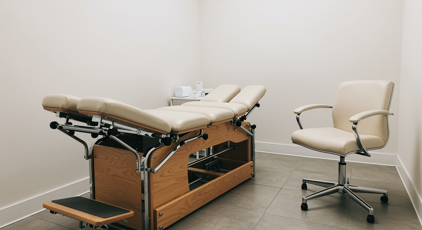 Contemporary chiropractic room featuring a modern adjustment table and ergonomic chair in a calming environment, designed for corrective posture care, with soft lighting and professional decor