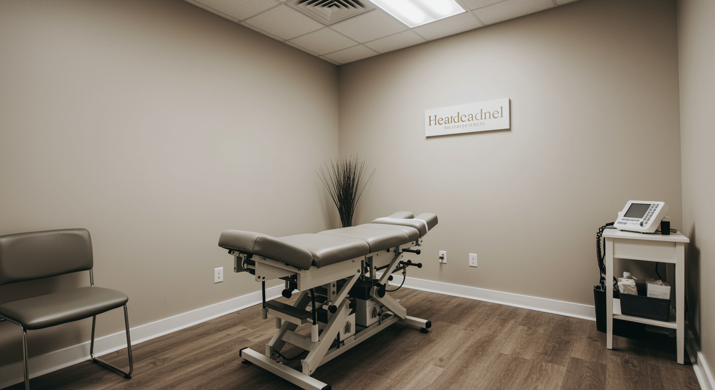chiropractic adjustment room with comfortable table and relaxing modern decor for headache and migraine treatment