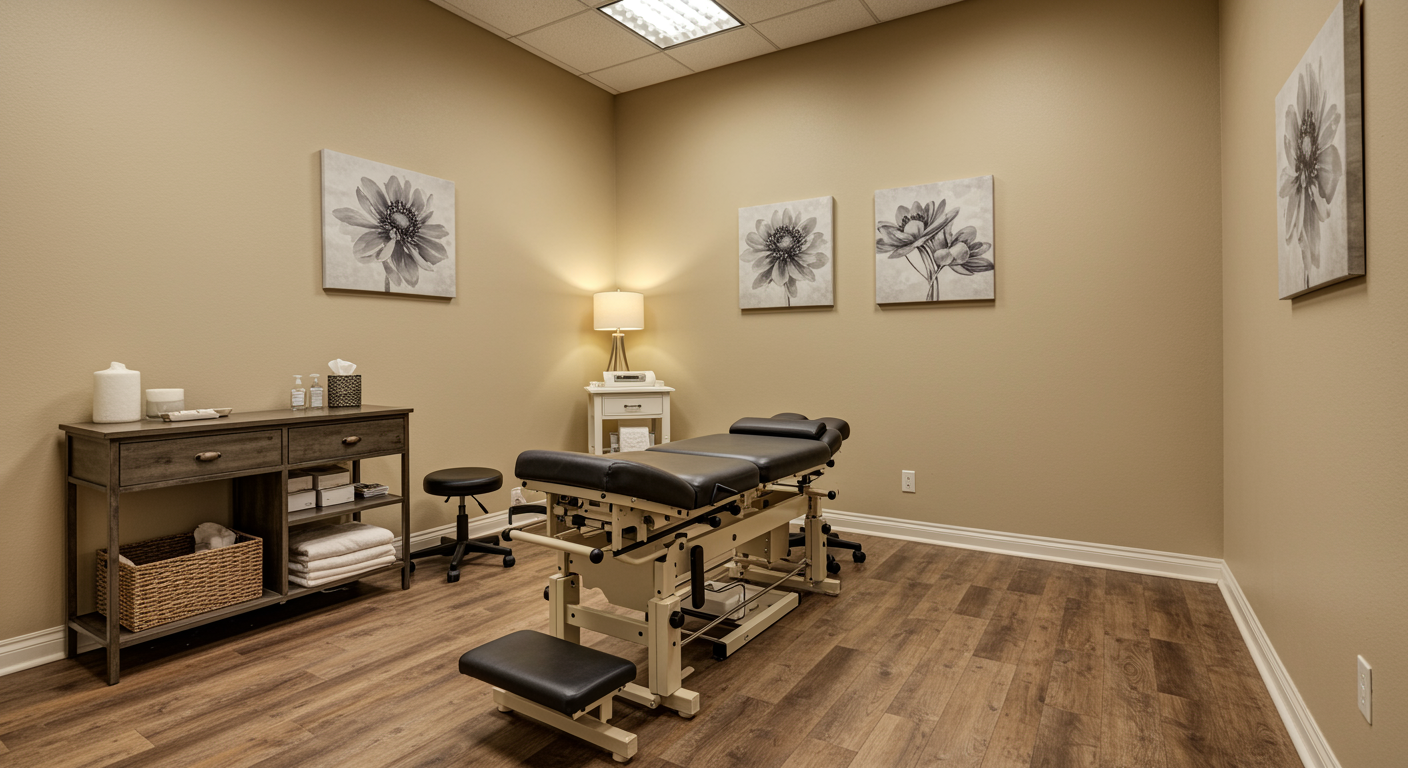 modern chiropractic treatment room with adjustment table ready for hip pain relief, relaxing atmosphere, no people