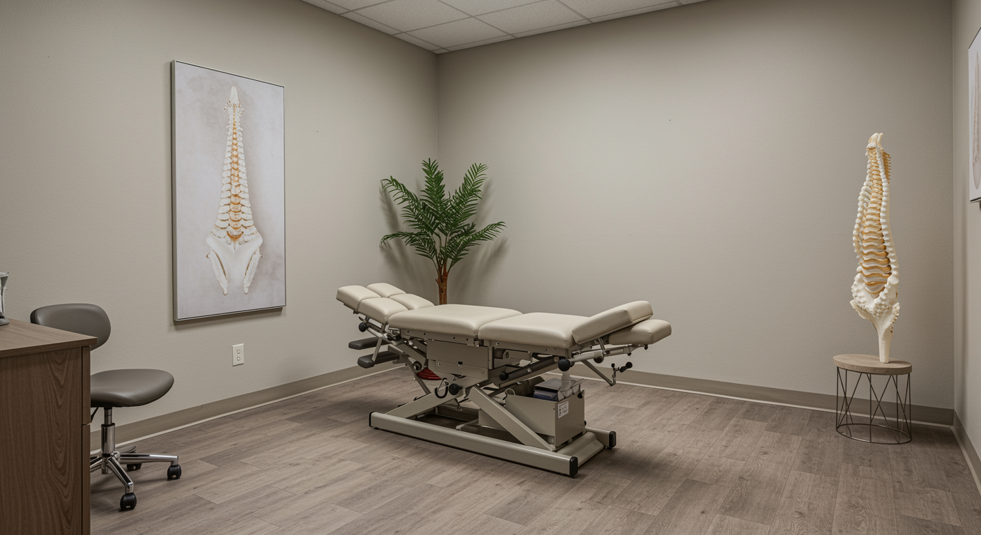 Modern chiropractic treatment room with adjustment table and calming decor, ideal setting for neck pain therapy