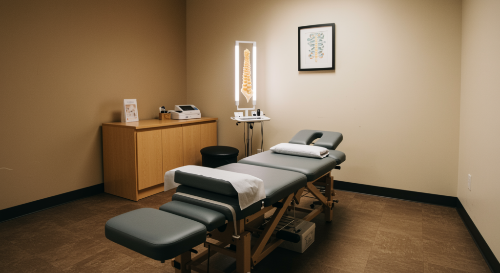 Modern chiropractic treatment room with a comfortable adjustment table set up for pregnancy chiropractic care in a calming, softly lit environment