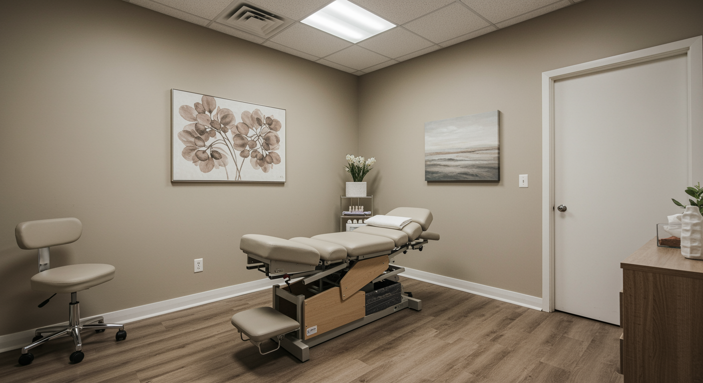 Modern chiropractic treatment room with adjustment table and calming decor for sports injury care