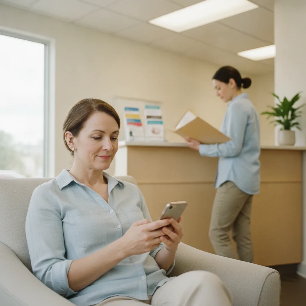Patient checking in on her phone in the New Energy Chiropractic waiting area before an acupuncture appointment in Leesburg