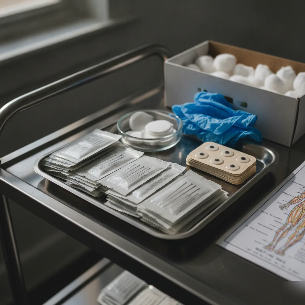 Sterile acupuncture needles, cotton balls, and ear seeds arranged on a treatment tray at New Energy Chiropractic in Leesburg