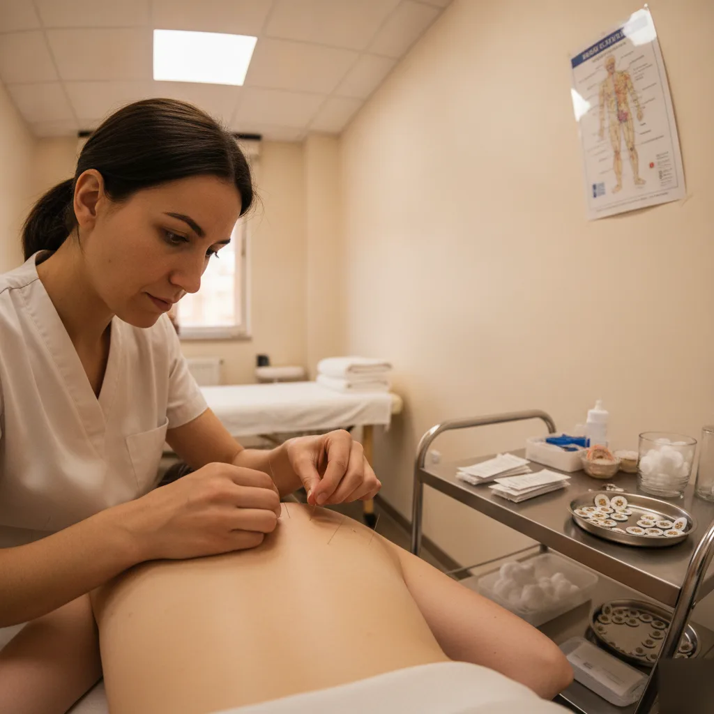 Acupuncturist placing needles along a patient's back during a treatment session in a New Energy Chiropractic treatment room