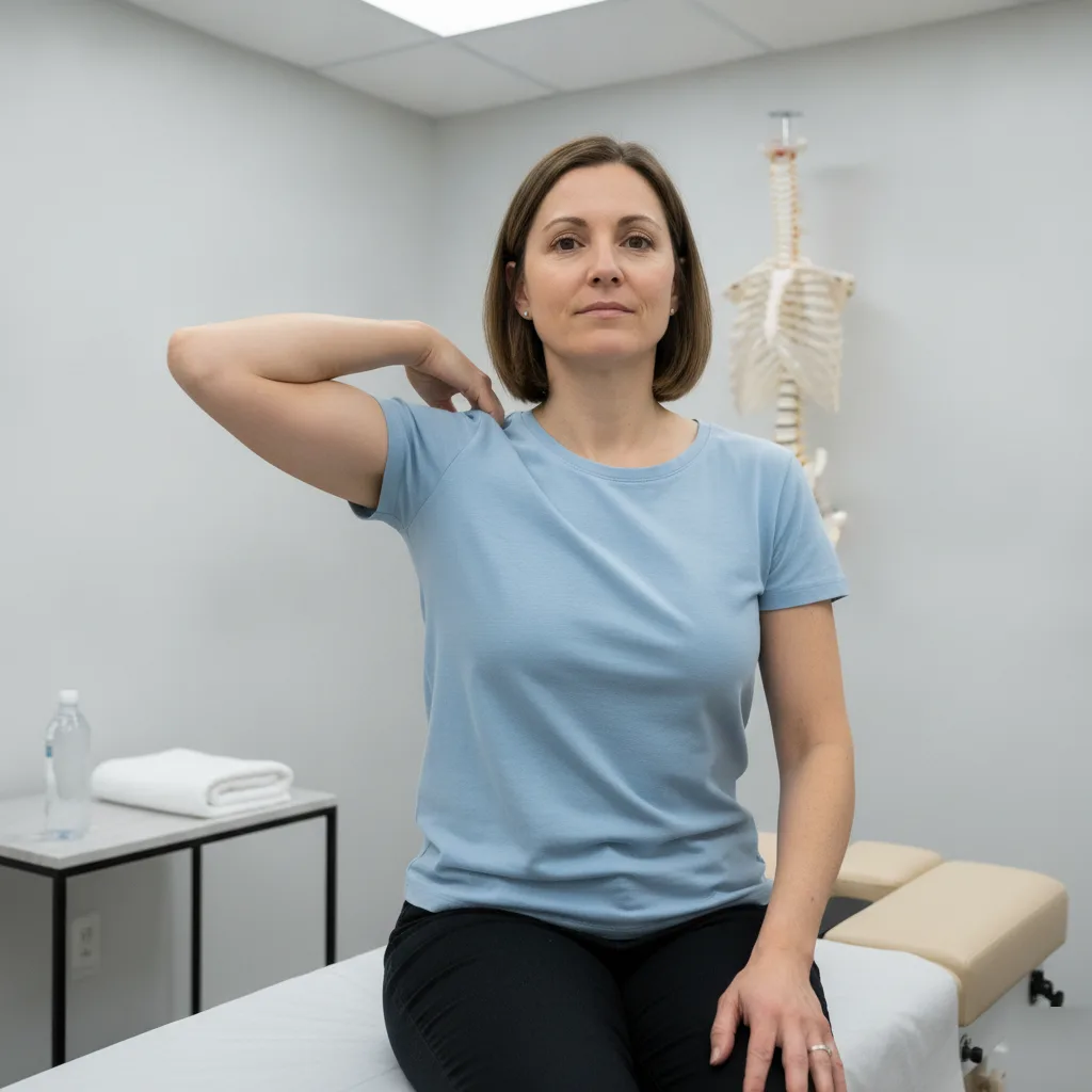 Patient testing her neck and shoulder range of motion after a chiropractic adjustment at New Energy Chiropractic