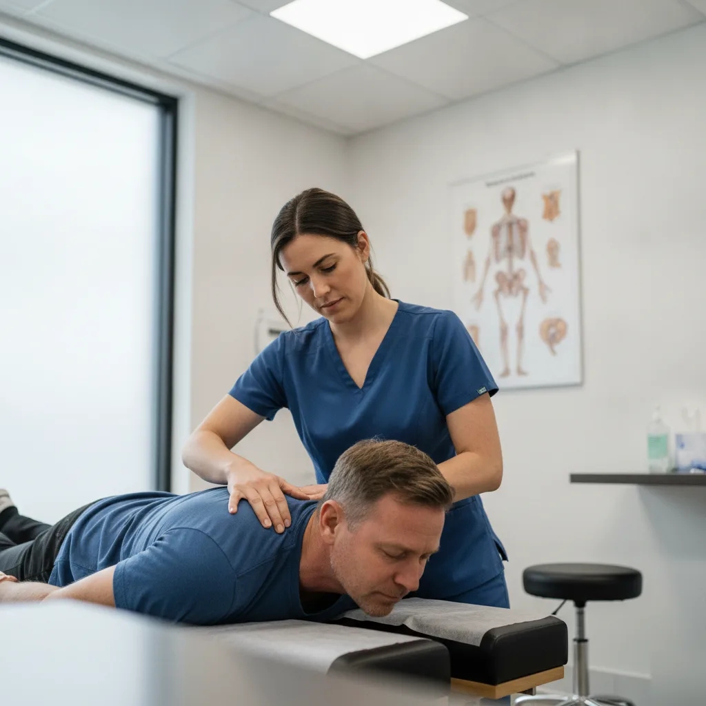 Doctor performing a gentle thoracic chiropractic adjustment on a patient lying face down on a treatment table in Leesburg