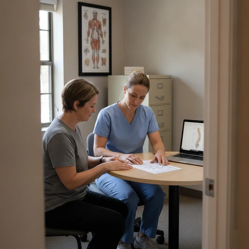 Practitioner and patient reviewing a spinal assessment on a laptop during a care plan consultation at New Energy Chiropractic