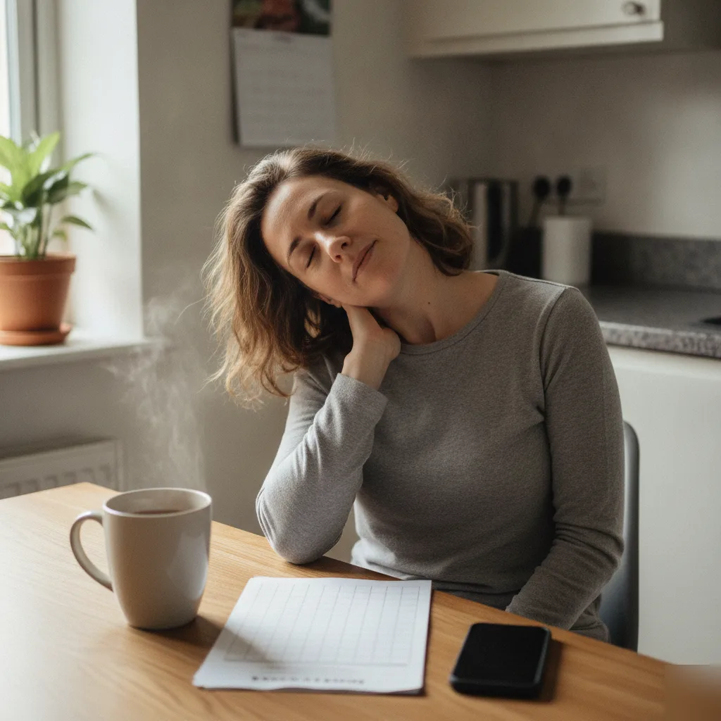 Tired woman resting her head on her hand at her kitchen table with coffee before visiting a holistic medicine practitioner in Leesburg
