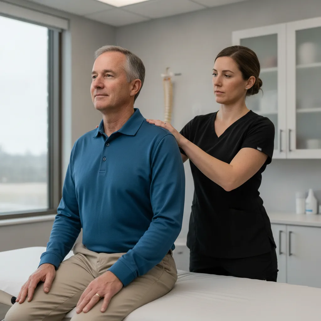 Doctor evaluating a patient's shoulder and posture during a back pain assessment at New Energy Chiropractic in Leesburg