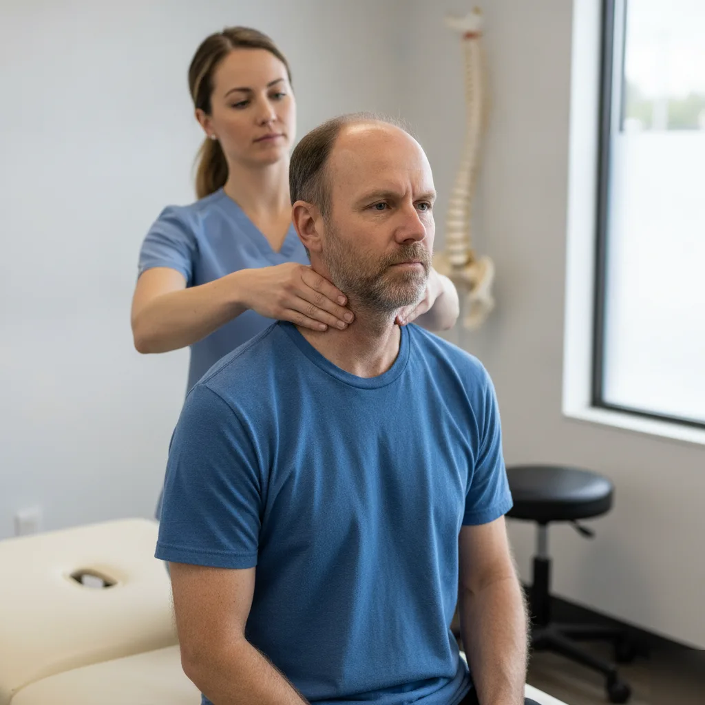 Doctor checking a patient's cervical spine range of motion during a whiplash evaluation at New Energy Chiropractic