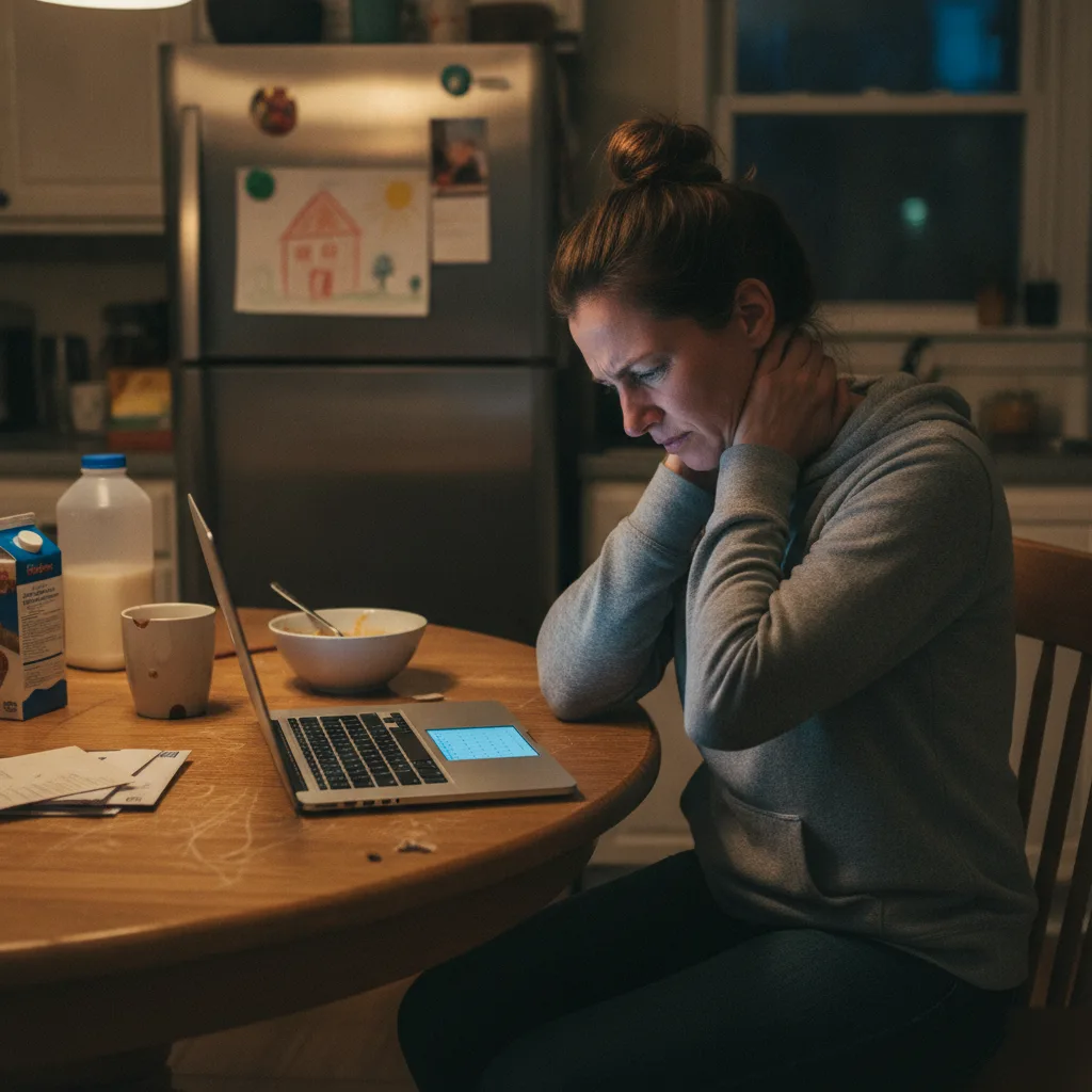Woman holding her neck in pain at her kitchen table at night, a common delayed whiplash symptom after a Leesburg car accident