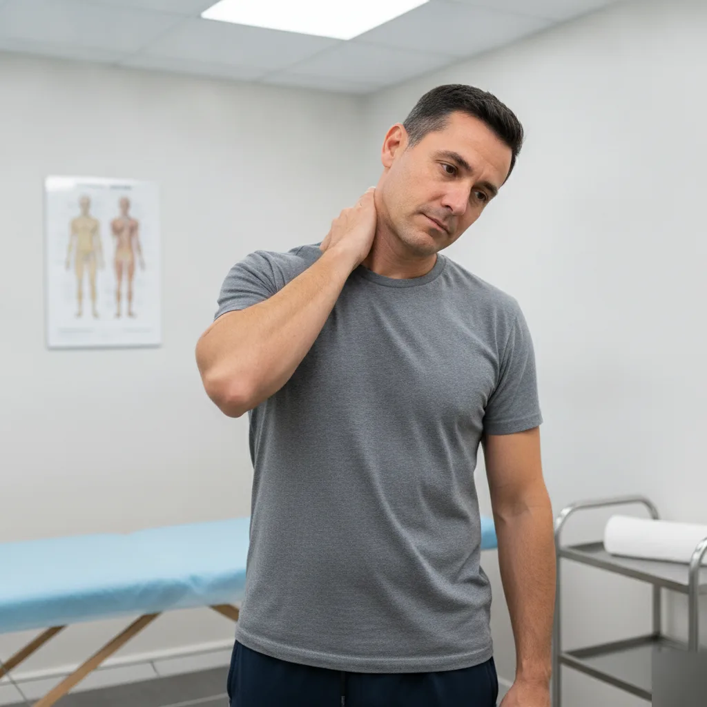 Man rubbing his stiff neck while standing in a New Energy Chiropractic treatment room after a car accident