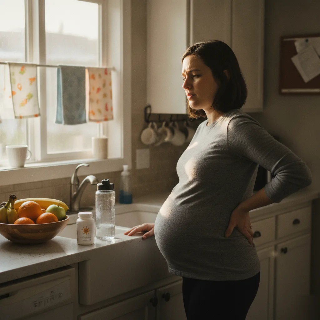 Pregnant woman holding her lower back in discomfort while standing in her kitchen at home in Leesburg