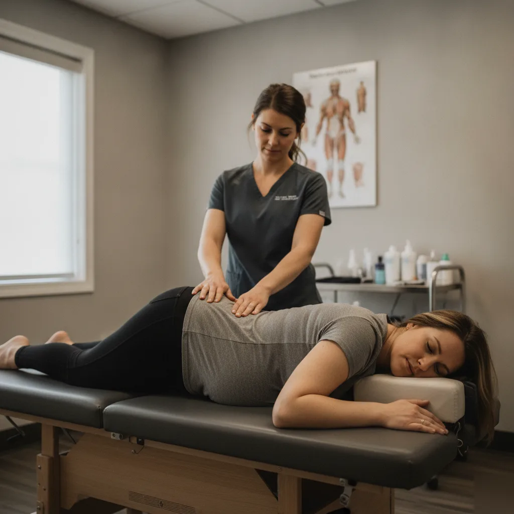 Pregnant patient lying face down on a pregnancy-adapted table with a drop-away belly piece during a prenatal chiropractic adjustment