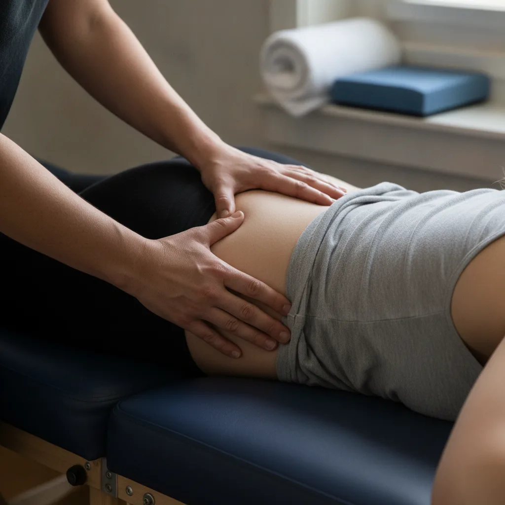 Close-up of a chiropractor's hands placed on a pregnant patient's sacrum during a gentle prenatal adjustment