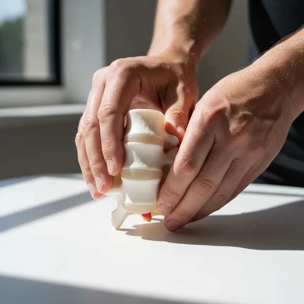 Doctor holding a lumbar vertebrae model to explain disc compression during a spinal decompression consultation