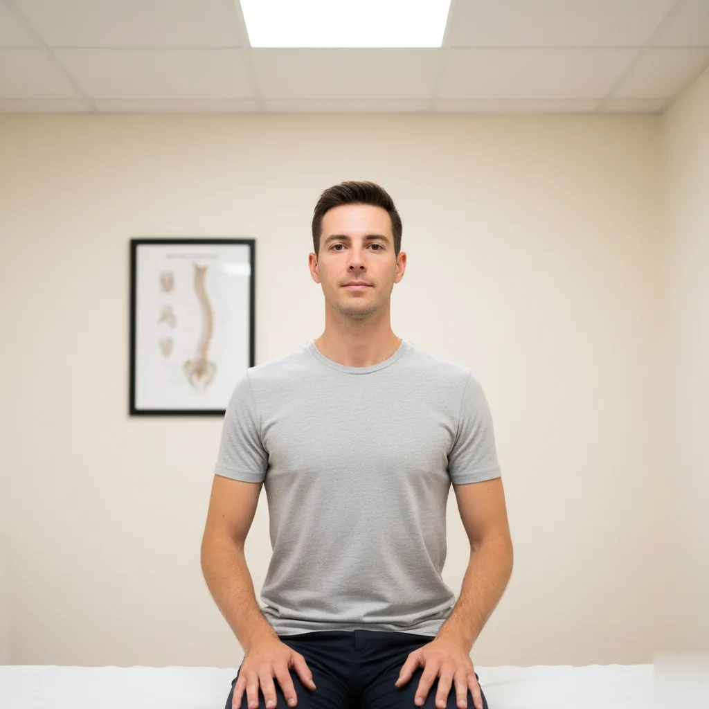 Man standing with relaxed, upright posture in a New Energy Chiropractic treatment room after spinal decompression care