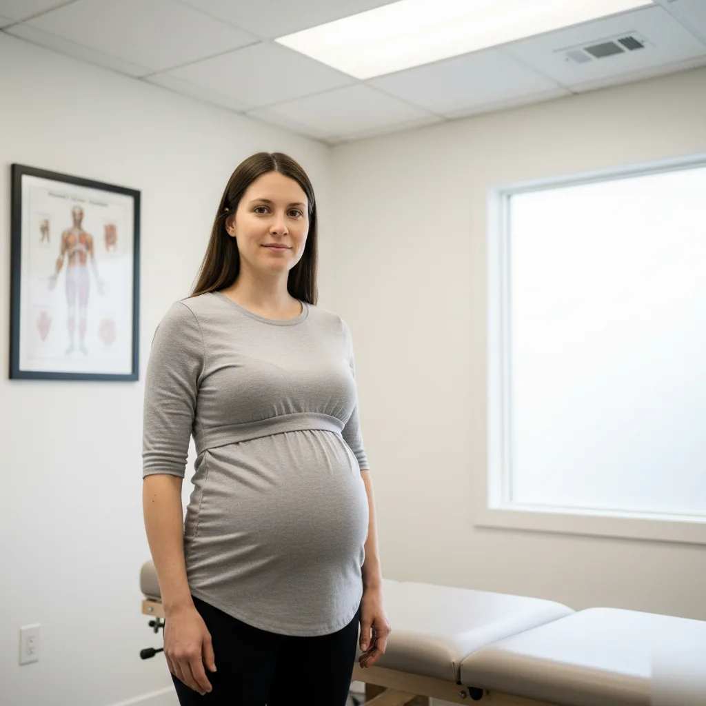 Pregnant patient standing with relaxed, upright posture in a New Energy Chiropractic treatment room after a Webster technique adjustment