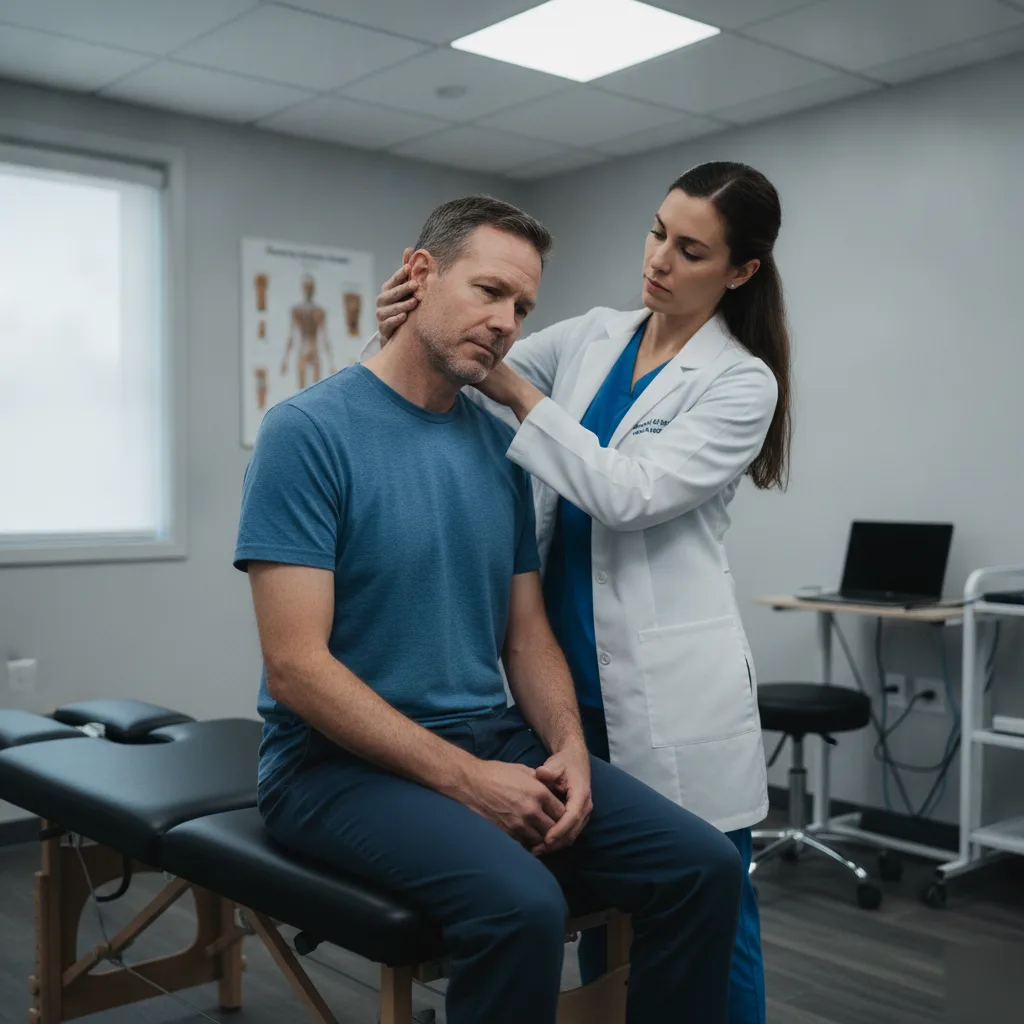 Doctor examining a patient's neck and shoulder during an auto injury chiropractic evaluation in Leesburg