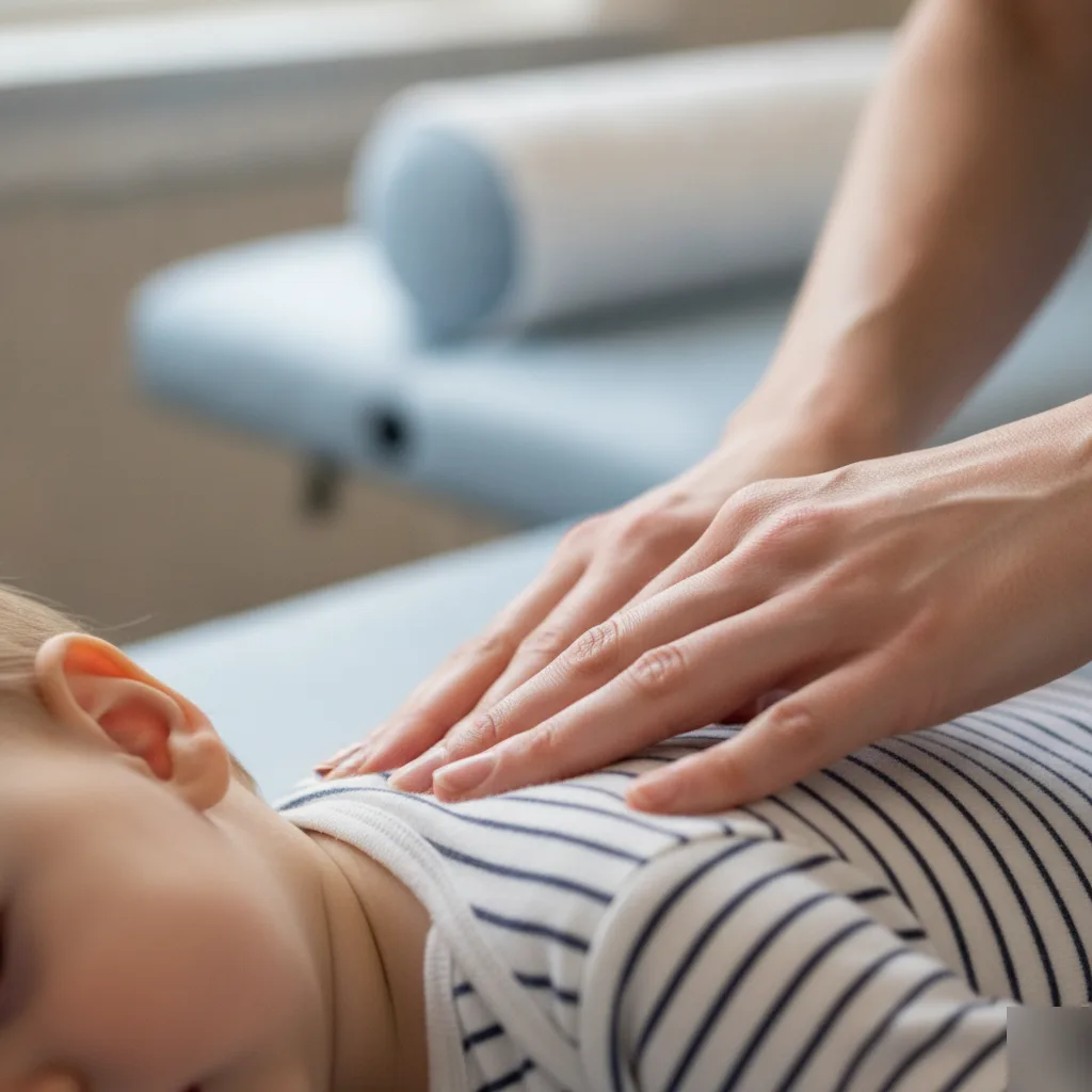 Toddler lying calmly on a treatment table while a doctor uses a gentle technique during a pediatric chiropractic visit