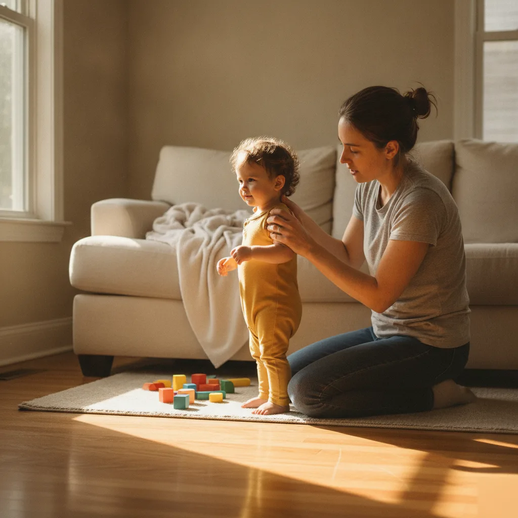 Mother gently checking her toddler's neck mobility and posture at home in Leesburg