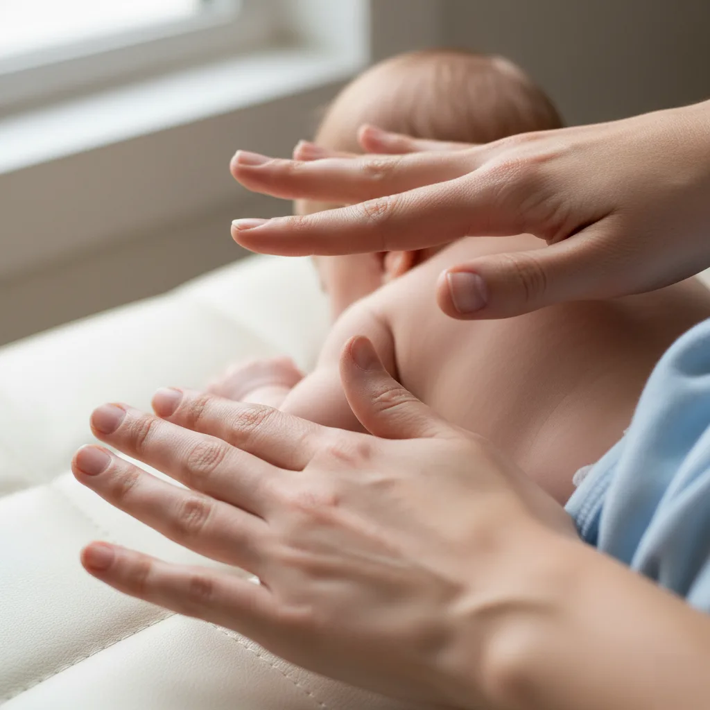Close-up of a doctor's light fingertip contact on a newborn's back during a gentle infant chiropractic adjustment
