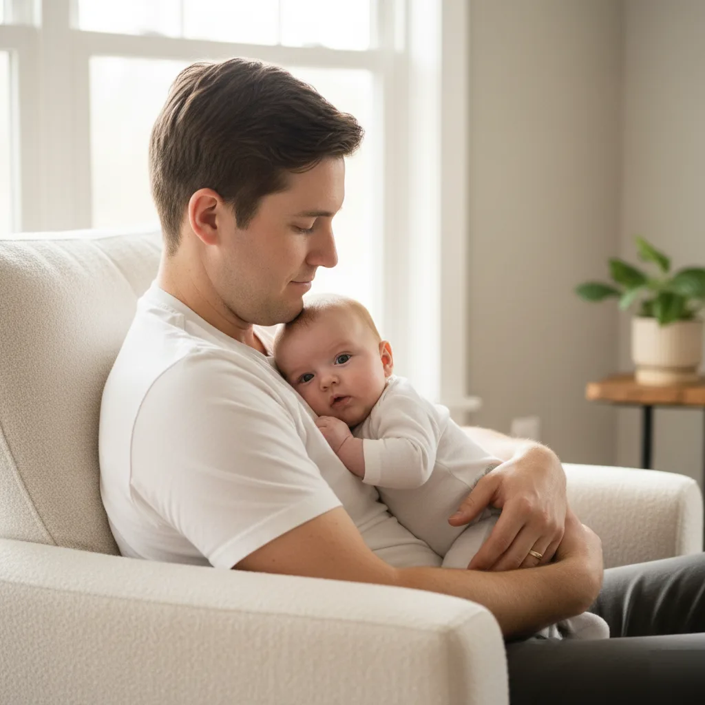 Father holding his calm baby in an armchair at home after an infant chiropractic visit in Leesburg