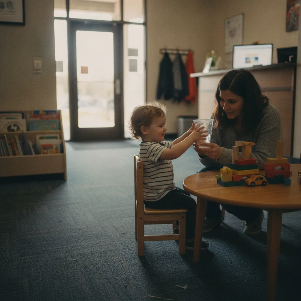 Mother handing her toddler a cup of water while playing at a table in the New Energy Chiropractic waiting room