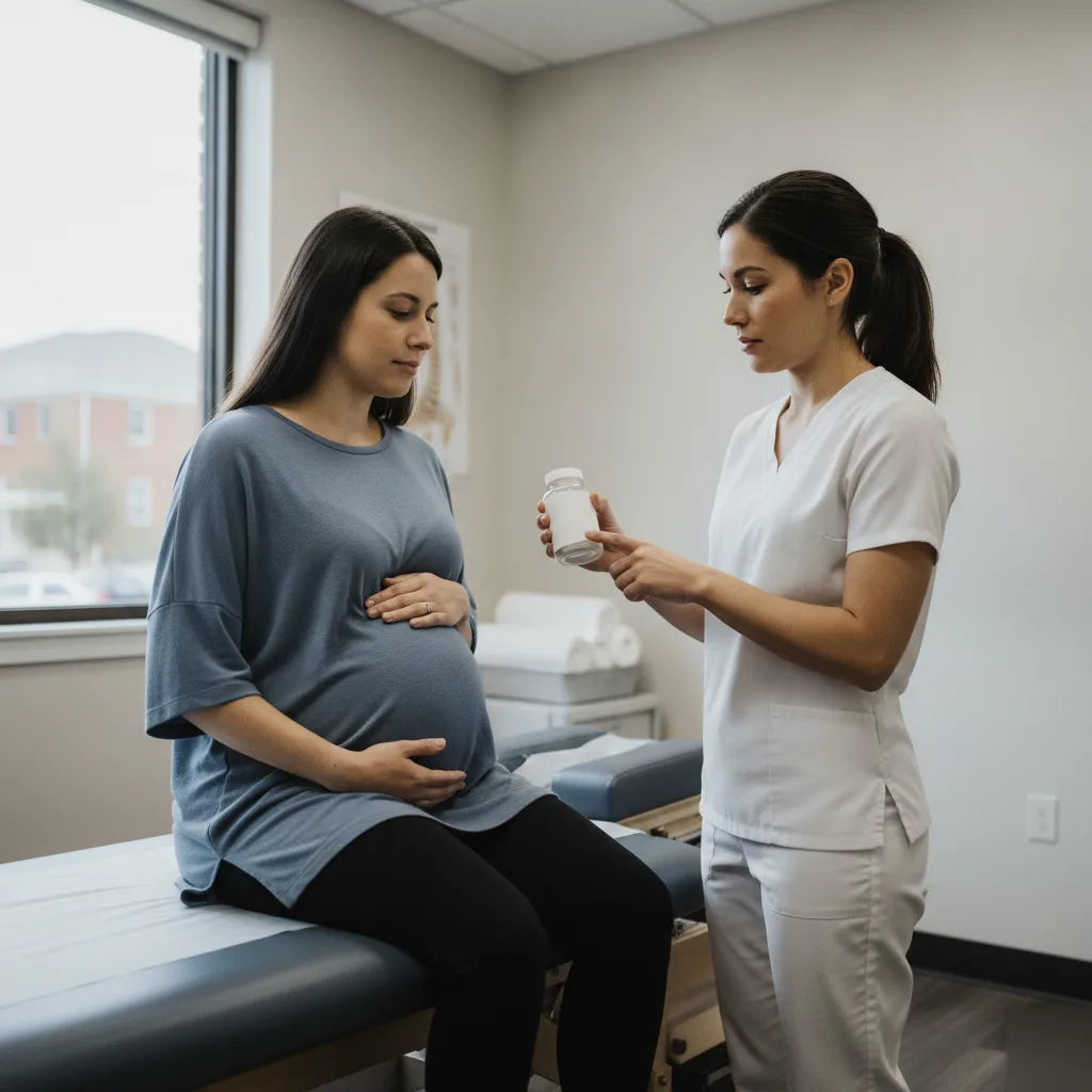 Doctor showing a supplement bottle to a pregnant patient during a nutritional consultation at New Energy Chiropractic