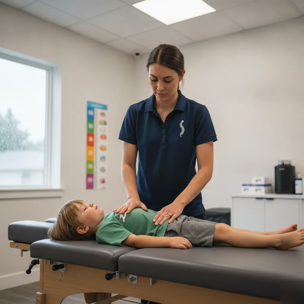 School-age boy rubbing his neck while talking with a doctor holding a tablet during a pediatric chiropractic consultation