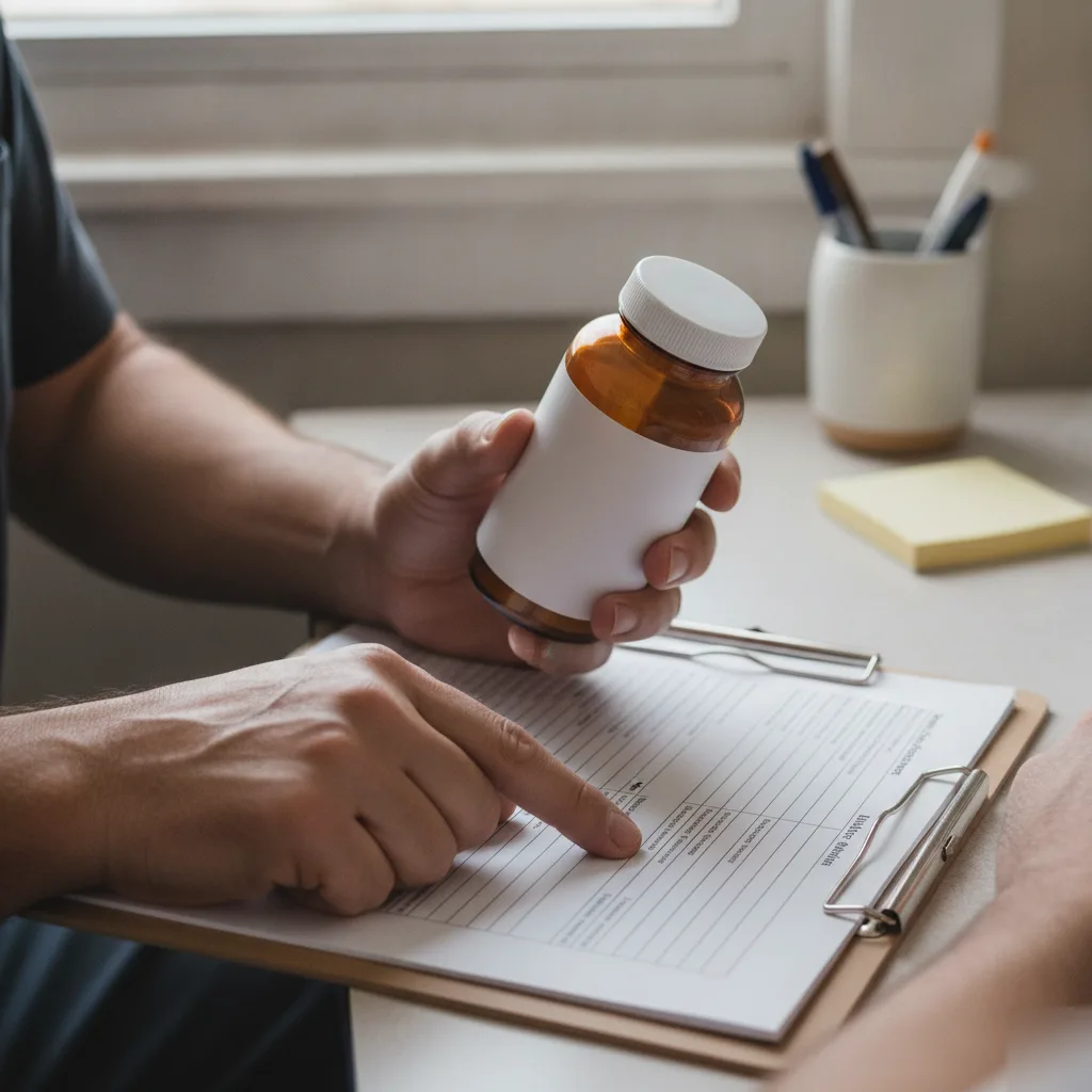 Hands holding a supplement bottle while pointing to an intake form during a nutritional counseling consultation