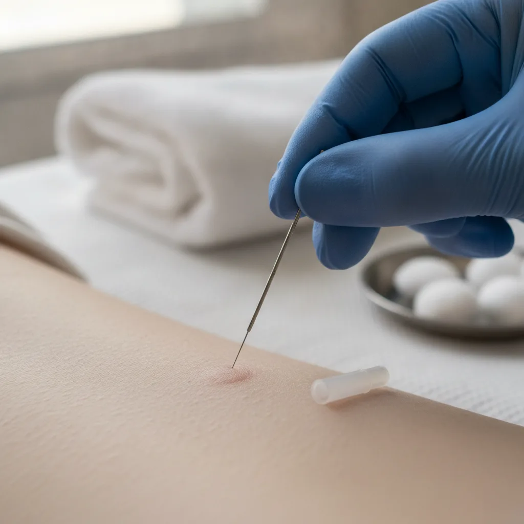 Close-up of a gloved hand placing a hair-thin acupuncture needle into a patient's lower back