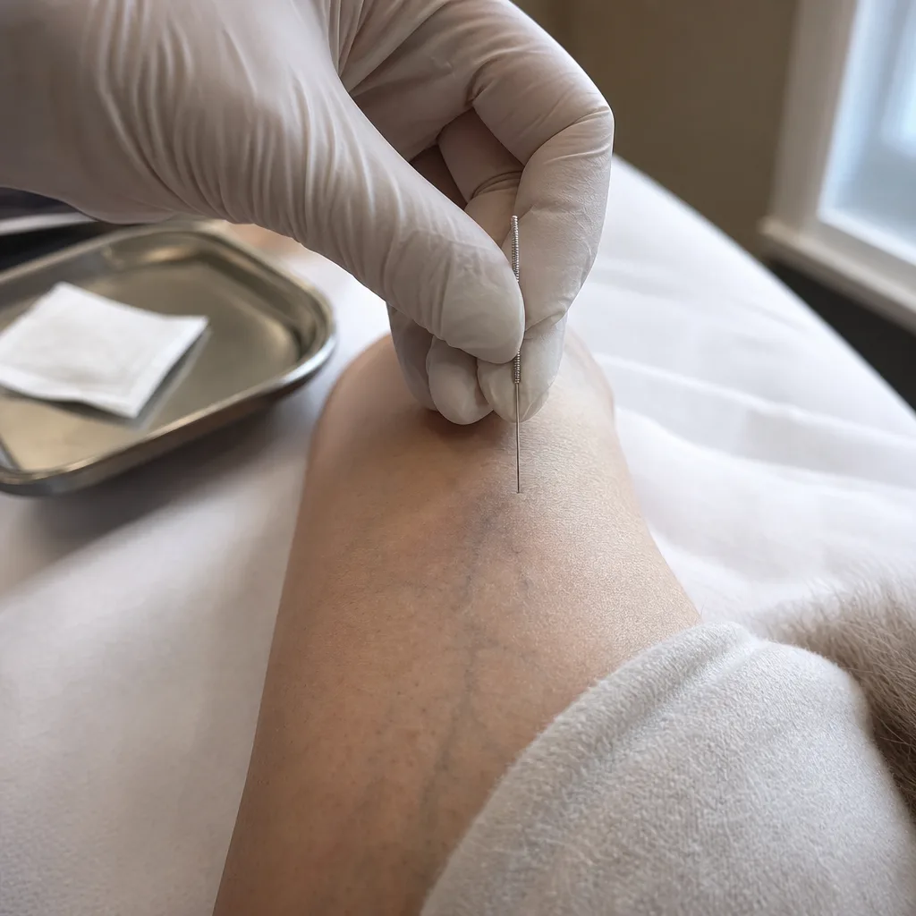 Gloved hand inserting a single thin acupuncture needle into a patient's lower leg beside a tray of sterile gauze