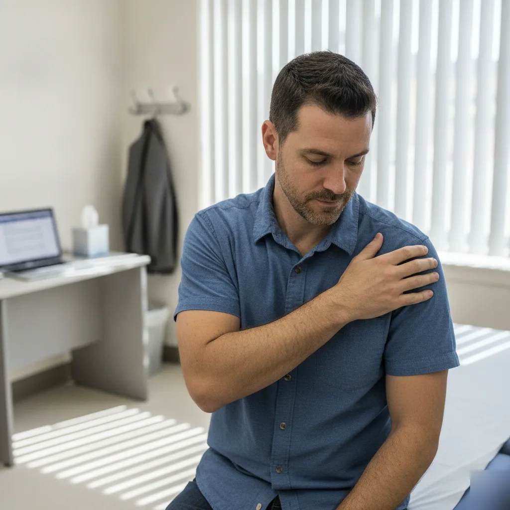 Patient resting a hand on his shoulder in a New Energy Chiropractic treatment room after an acupuncture session