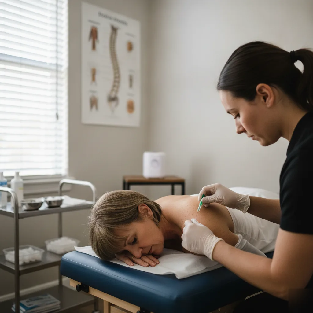 Acupuncturist placing a needle in a patient's shoulder while the patient rests face down on a treatment table