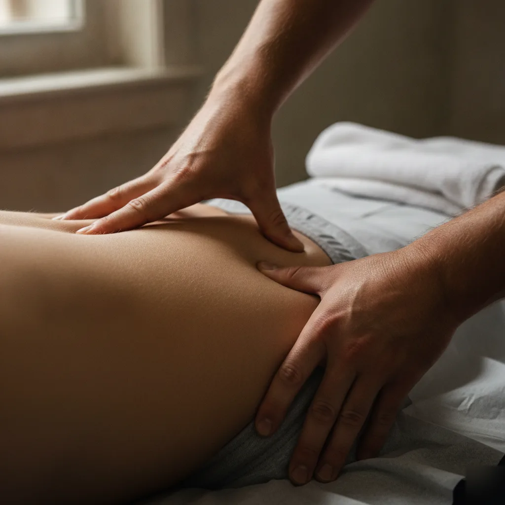 Close-up of a chiropractor's hands assessing a patient's lower back during a back pain evaluation