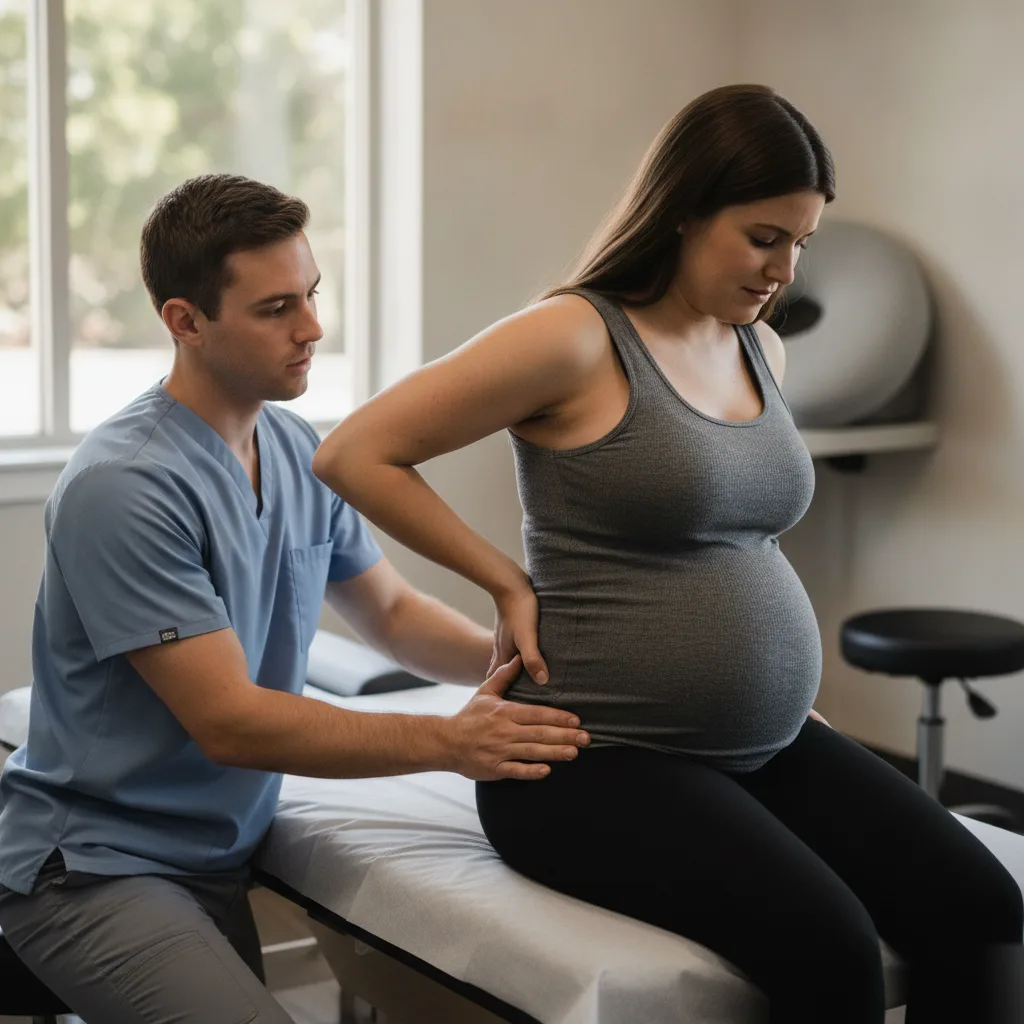 Pregnant patient holding her lower back while a chiropractor assesses her pelvic alignment during a prenatal back pain visit
