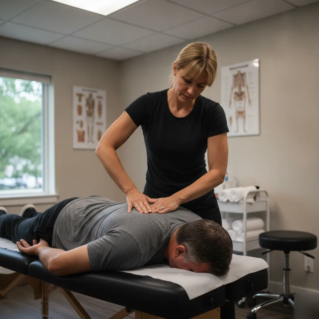 Chiropractor performing a gentle spinal adjustment on a patient lying face down for back pain treatment in Leesburg