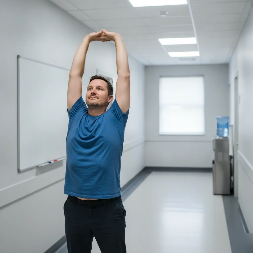 Man stretching both arms overhead with relaxed, improved posture after chronic pain management care in Leesburg