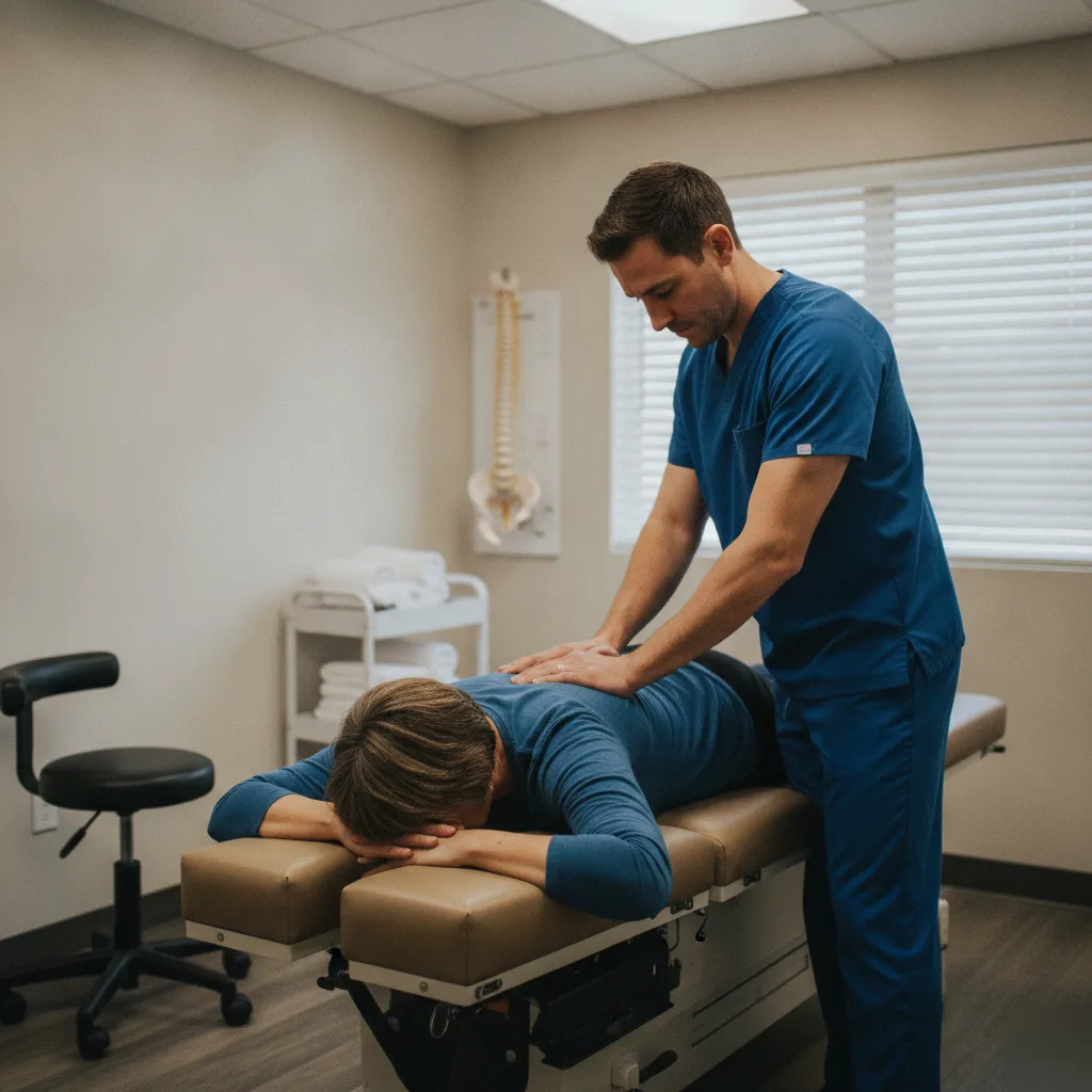 Doctor performing a gentle lower back adjustment on a patient lying face down on a treatment table