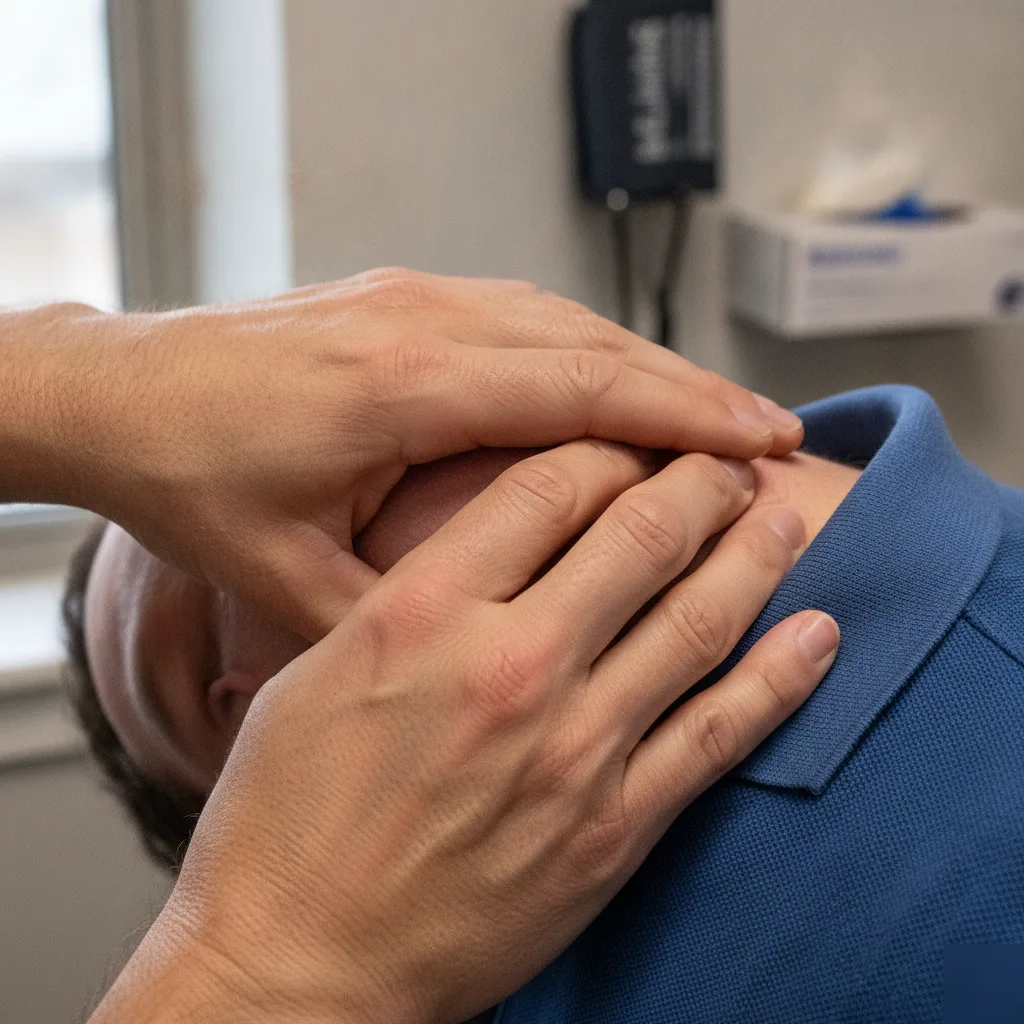 Close-up of a doctor's hands palpating a patient's neck and upper shoulder to assess chronic tension