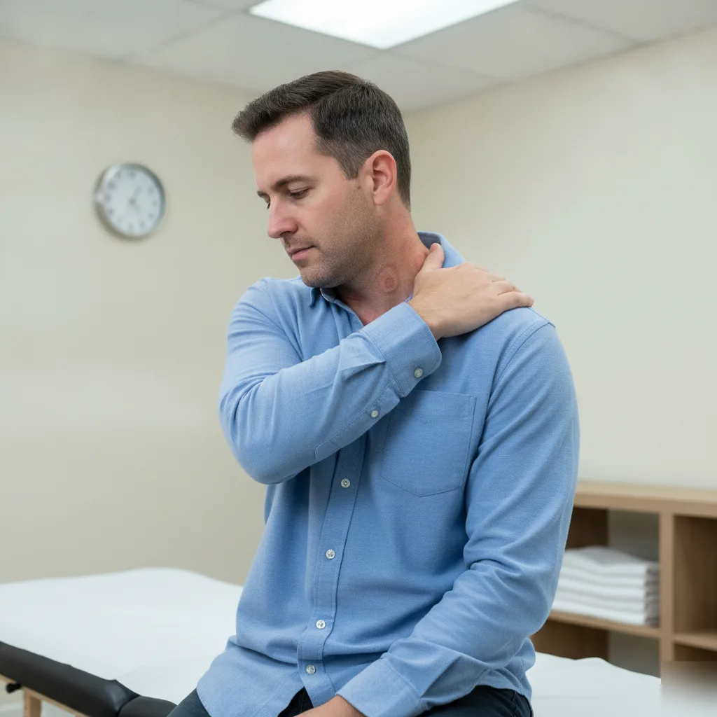 Man holding his shoulder with a faint circular cupping mark visible on his neck while checking his neck mobility after treatment