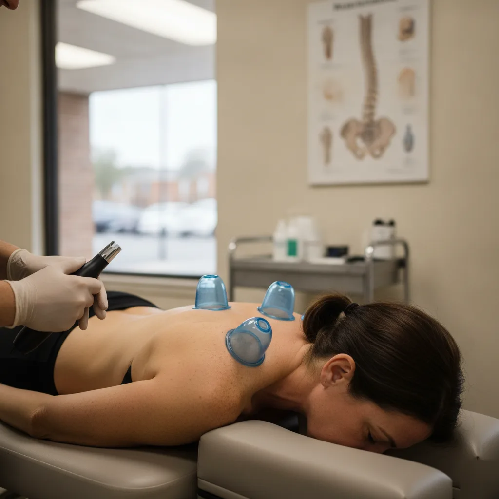 Patient lying face down on a treatment table with cups placed along her upper back during a cupping therapy session in Leesburg