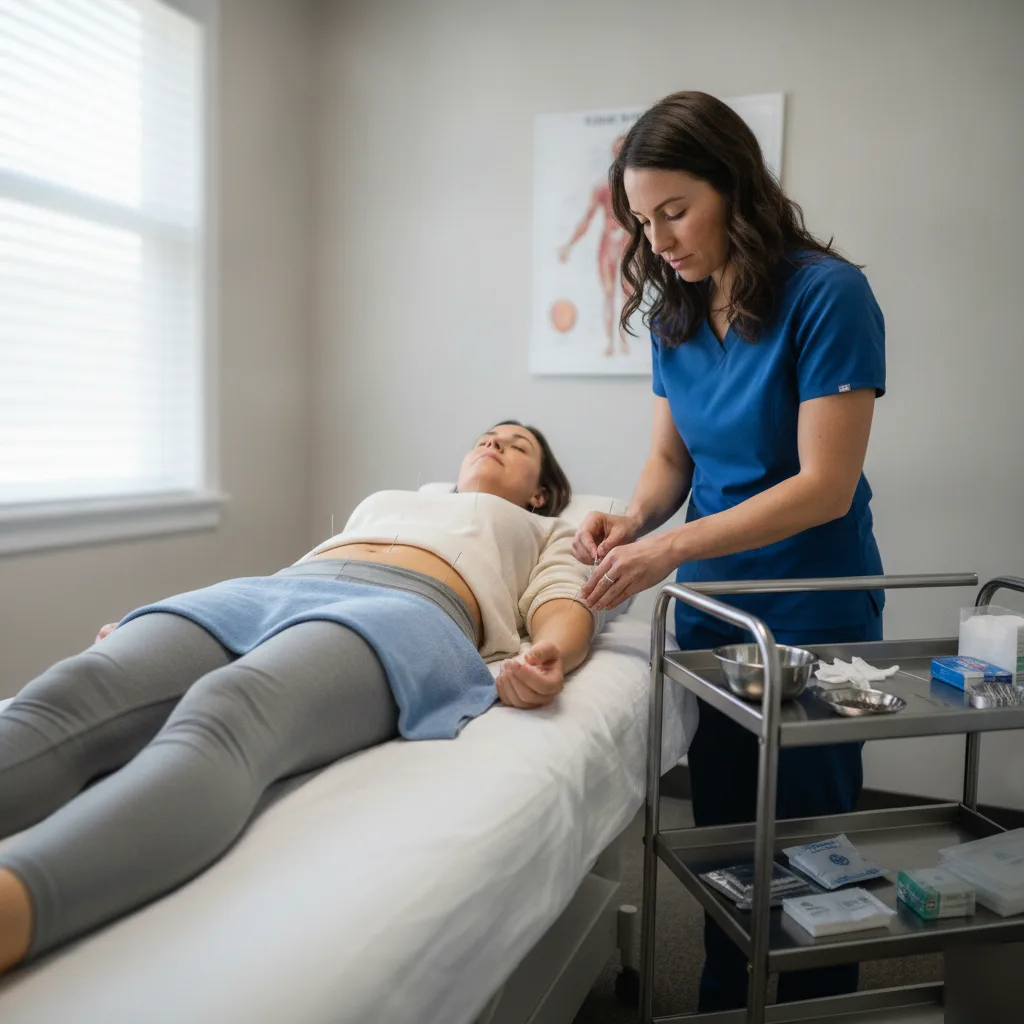 Acupuncturist placing needles in a patient's forearm while the patient rests on a treatment table during a fertility acupuncture visit