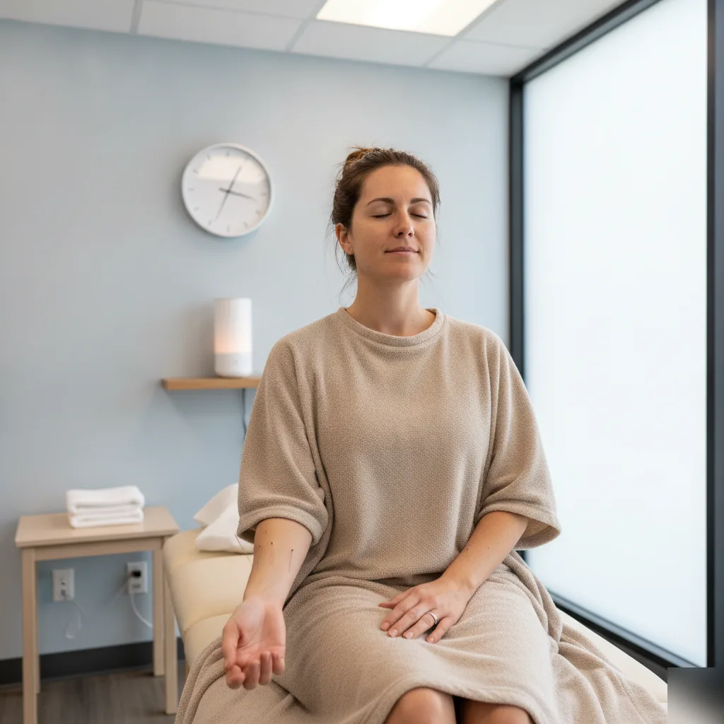 Woman resting calmly with her eyes closed and acupuncture needles in her forearm during a fertility acupuncture session in Leesburg