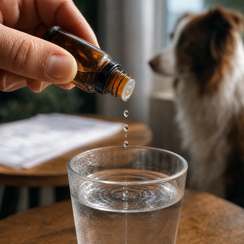 Close-up of drops falling from a small amber dropper bottle into a glass of water