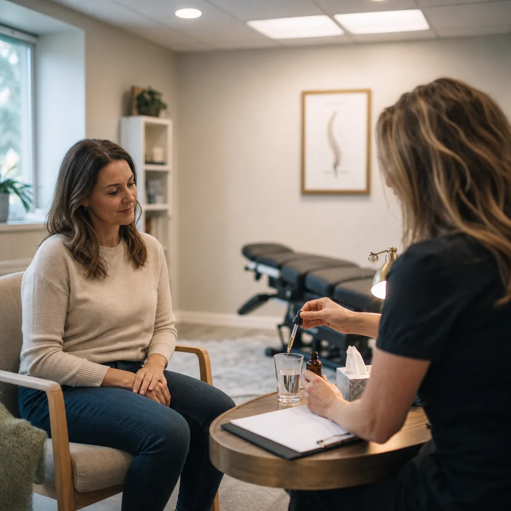 Practitioner preparing a flower essence dropper and glass of water while talking with a seated patient in a Leesburg treatment room